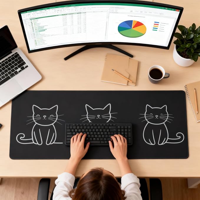 Cute Anime Black Cat Gaming Mouse Pad, Black White Minimalist Desk Mat with Anti-Slip Base & Stitched Edges, Office Supplies & Desk Decor for Women, 35.4" x 15.7" in Home Office Essentials