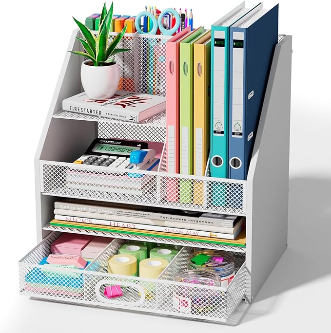 Wooden Desk Organizer - Mesh File Organizer with Drawers and Pen Holder - 4-Tier Vertical Paper Letter Storage Tray, Desktop Organizers and Accessories for Home Office （White