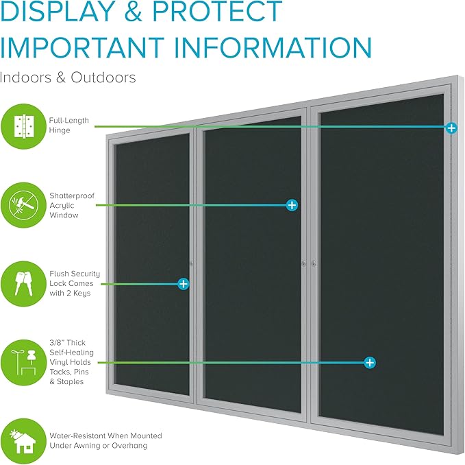 Ghent 3-Door Outdoor Enclosed Vinyl Bulletin Board, Shatter Resistant, with Lock, Satin Aluminum Frame - Ebony Made in the USA