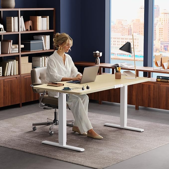 Huuger Electric Standing Desk with Power Outlets and USB-C Port, 55 X 24 Inch Height Adjustable Desk, Sit Stand Desk for Home Office, Computer & Gaming Desk with 4 Presets, Stable Steel Frame, Marple