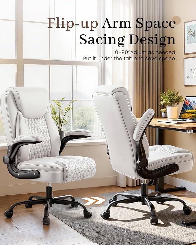COMHOMA Mid-Back Office Chair, Ergonomic PU Desk Chair with Flip up Arms, Small Computer Gaming with Comfy Lumbar Support,Rocking Function,Sturdy Metal Base, White