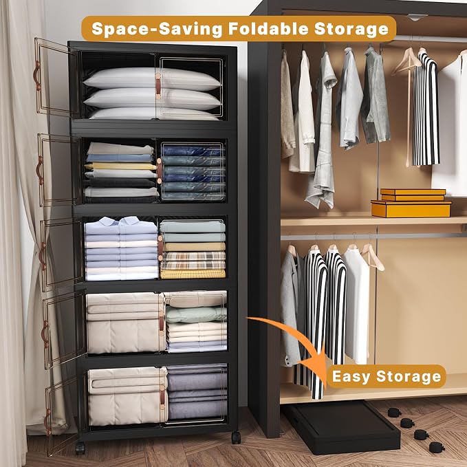 600QT Stackable Storage Bins with Lids, Doors & Wheels | Closet Organizers and Storage Cabinet, Lockable Plastic Foldable Drawers for Bedroom Dorm Office Garage（120QT*5,Black）