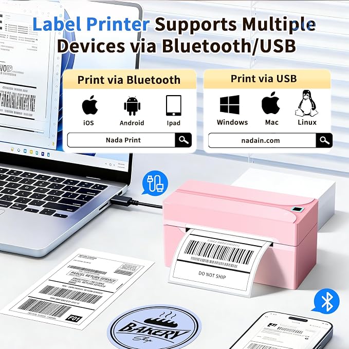 Bluetooth Thermal Label Printer,4x6 Shipping Label Printer | Wireless Label Printer for Small Business and Shipping Package, Compatible with iPhone, Android, Shopify, Amazon, USPS, Pink