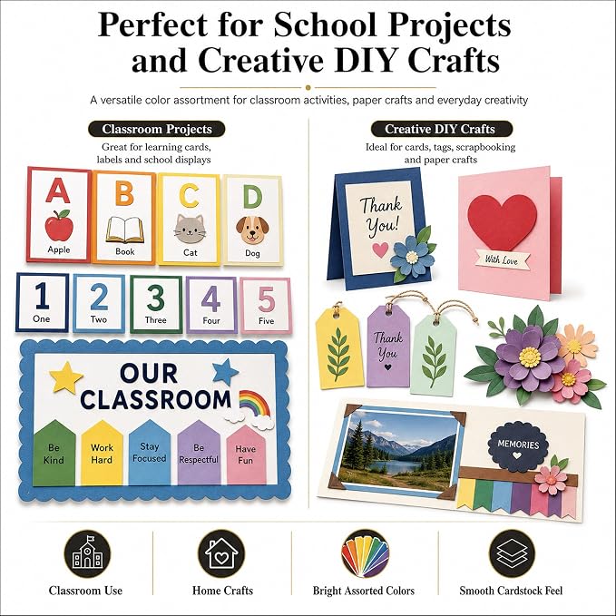 Colored Cardstock 8.5 x 11, 20 Assorted Construction Paper, 60 lb | Cardstock Printer Paper 8.5 x 11, 100 Sheets of Assorted Card Stock for Classroom, Greeting Cards, Scrapbooking and Crafts.