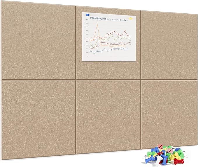 Large Cork Board for Wall, 36" x 24" Bulletin Board with Pushpins, 6 Panels Felt Tiles Tack Push Pin Board for Office, Tan