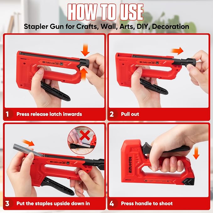 Light Duty Staple Gun for Wood, Red Upholstery Staple Gun Kit | 2000pcs JT21 Staples 1/4, 5/16, 3/8 inch, Staple Remover Included, for Crafts, DIY, Classroom
