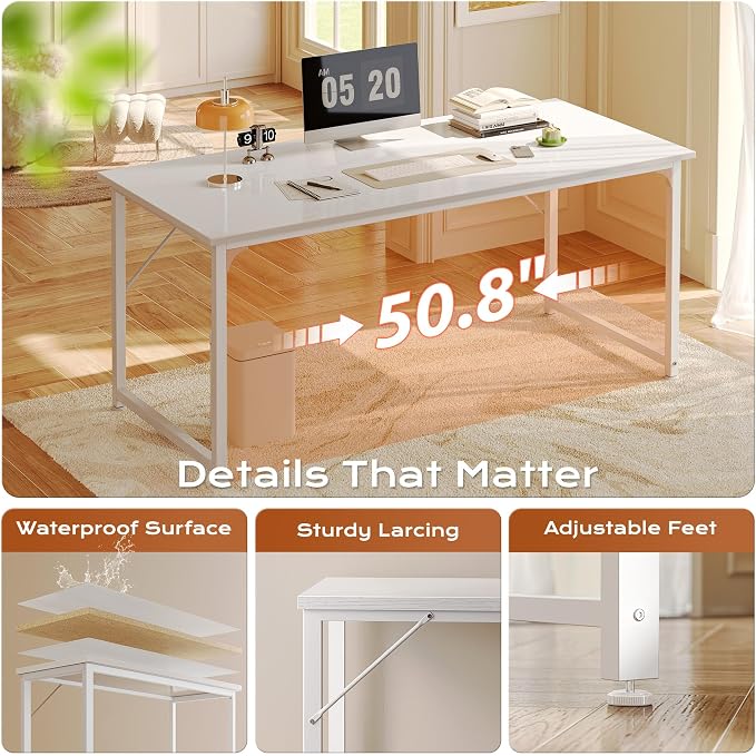 55 X 24 Inch Computer Desk with Deeper Desktop, Gaming Office Writing Work Desk for Home Office, Study, Bedroom, Work from Home, Metal Frame, White