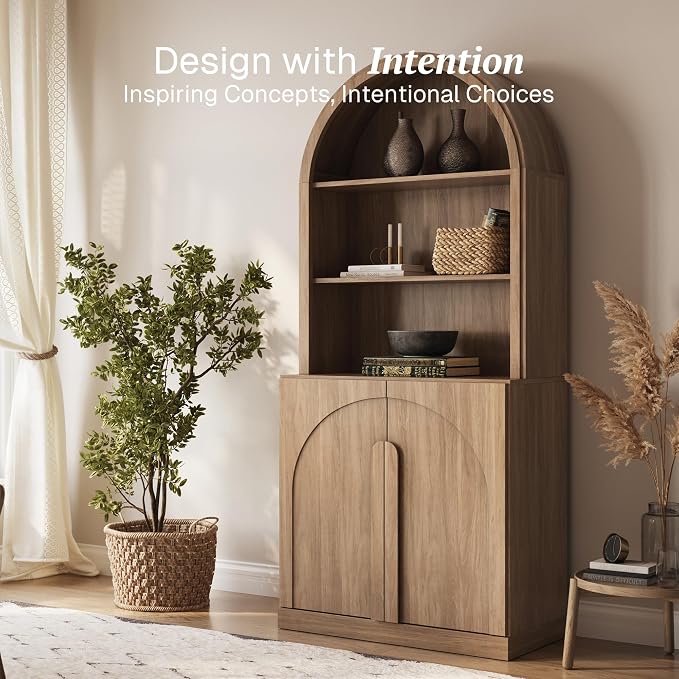 BELLEZE Arched Bookshelf with Storage, 71" Tall Wood Curio Display Cabinet with Adjustable Shelf, 5 Tier Modern Bookcase Shelf with Door for Living Room Office, Camel