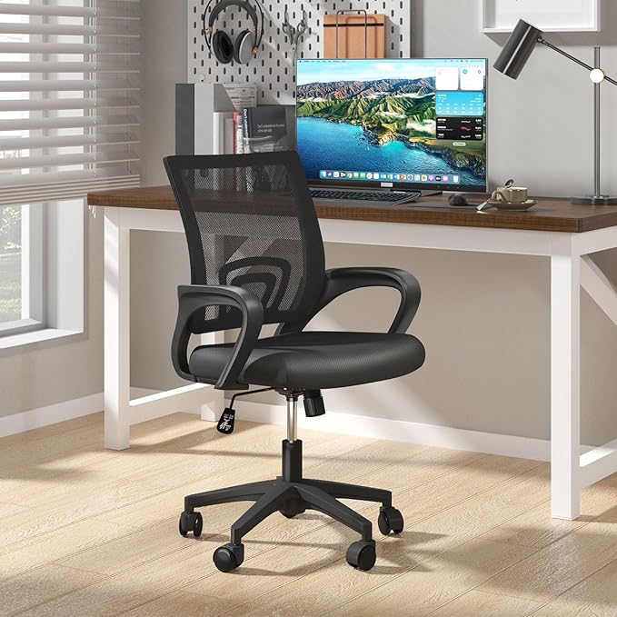 Home Office Chair, Ergonomic Mid-Back Mesh Desk Chair with Lumbar Support, Adjustable Swivel Rolling Design, Comfy Armrest for Work, Study, Gaming, Vanity, Black