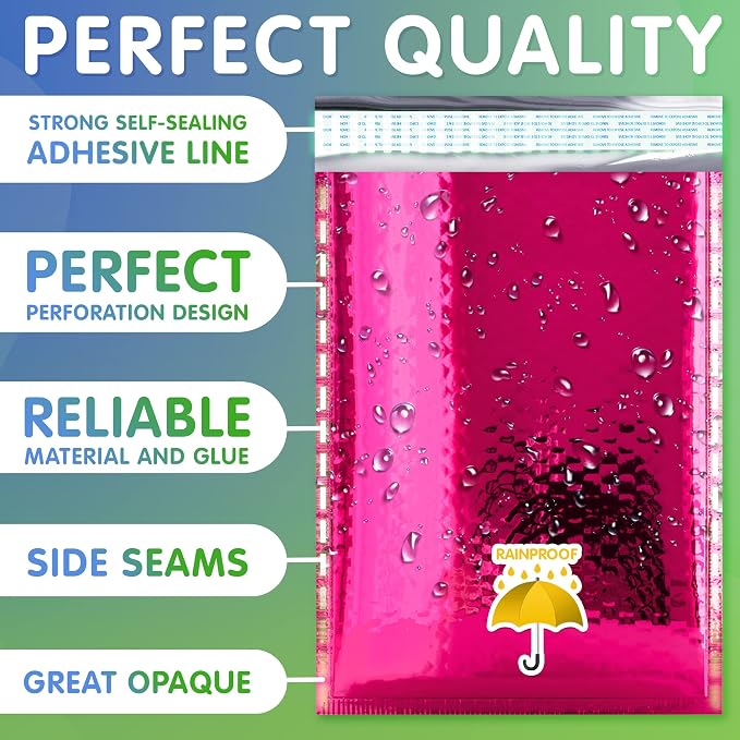 Glamour Metallic Bubble Mailers 8.5 x 11 Inches Hot Pink, 300 Pack Padded Envelopes for Shipping, Mailing, Packaging Protection
