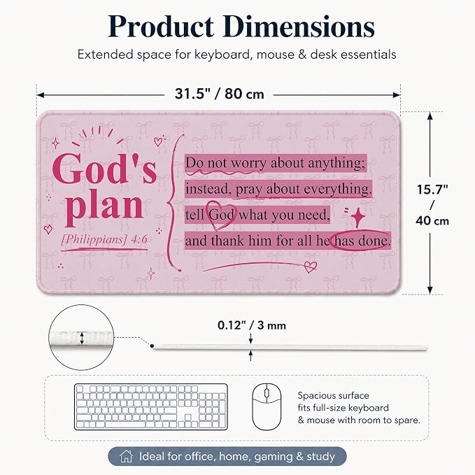 Pink Bow Christian Bible Verse Mouse Pad Large 31.5x15.7inch,M008 | Philippians 4:6 Pink Bow Christian Large Mouse Pad for Work Computers Laptop Office Desk Accessories, Girly Office Supplies