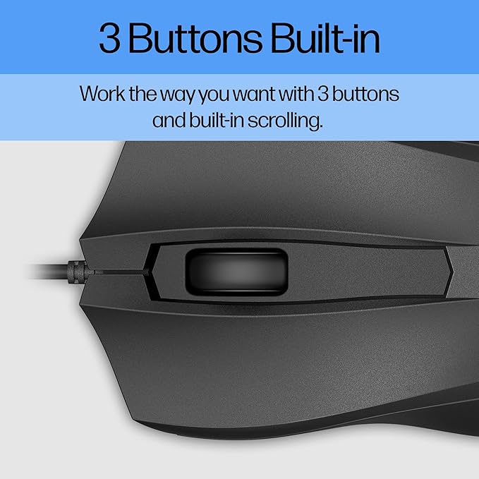HP Wired Mouse 100 - Precise Optical Sensor with 1600 DPI - Easy USB Connection - Ambidextrous Design - 3 Button Control & Built-in Scrolling - Multi-OS Compatible (6VY96AA#ABL)