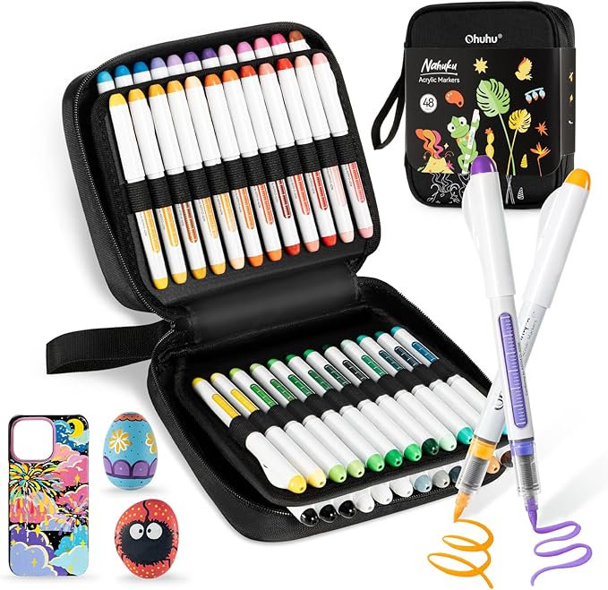 Ohuhu Acrylic Paint Markers Brush Tip: 48 Pack Automatic Ink Control Acrylic Markers High Opacity Paint Pens Waterproof Lightfast for Rock Painting 3D Prints Easter Eggs Wood DIY Crafts- Nahuku