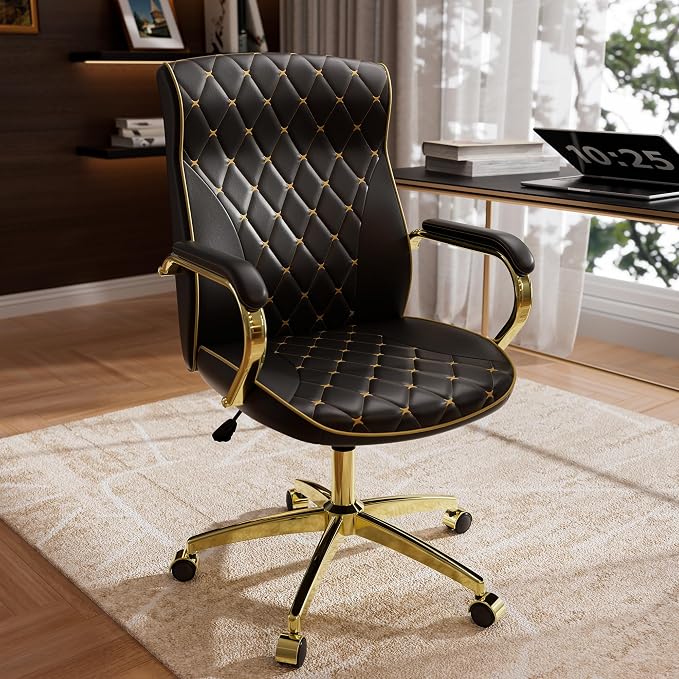 Black and Gold Office Chair, Luxury Leather Executive Desk Chair | Elegant Timeless Appeal, Vintage Mid Back Styling with Wheels and Padded Arms, Thick High Density Foam Comfort