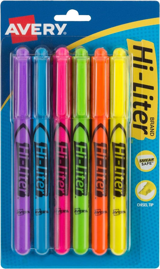 Avery Hi-Liter Pen-Style Highlighters, Smear Safe Ink, Chisel Tip, Assorted Fluorescent Colors (Purple, Blue, Pink, Green, Orange, and Yellow), 6 Highlighters per Pack (6-Pack of 23585)