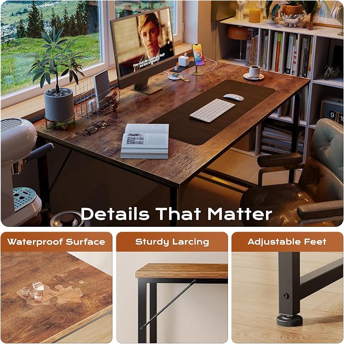 40 X 24 Inch Deeper Desk with Power Outlets | Small Computer Desk for Bedroom, Office Desk for Work from Home, Writing Study Gaming Table, Stable Metal Frame, Rustic Brown