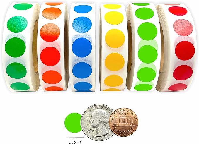 PARLAIM 6000PCS 1/2 Inch Round Color Code Dot Stickers, 0.5" Circle Sticker Label in Dispenser Box for Office Classroom (Green Blue Yellow Red Orange)