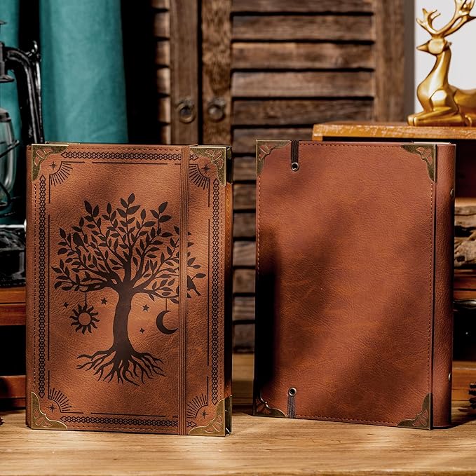 PU Leather A5 Binder 6 Ring Refillable Journal Cover No Refill Paper A5 Planner Binder Loose Leaf Binder for Notebook 5.7”x8.3” with Elastic Closure, Brown Tree