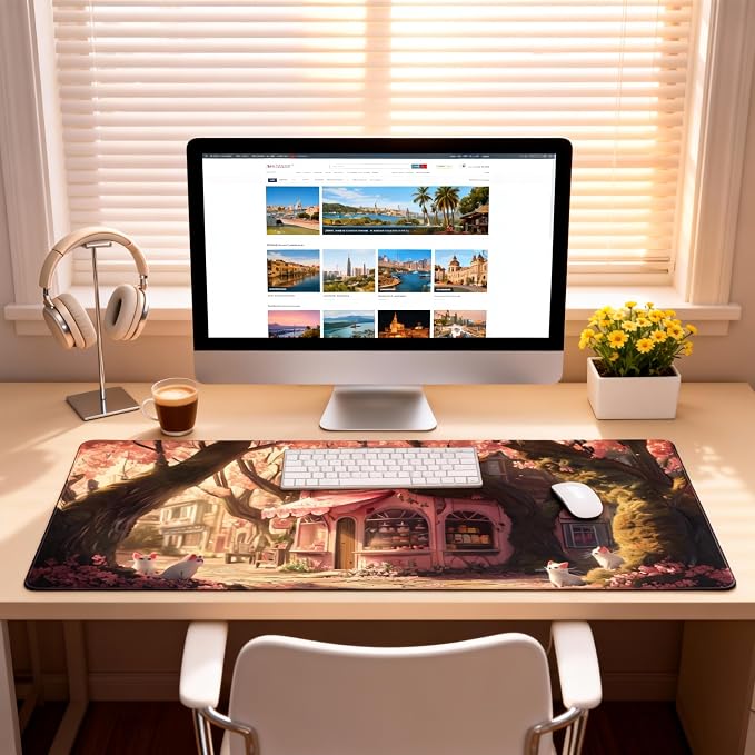 Cute Anime White Cat Gaming Mouse Pad, Pink Dreamy Desk Mat with Anti-Slip Base & Stitched Edges, Office Supplies & Desk Decor for Women, 35.4" x 15.7" in Home Office