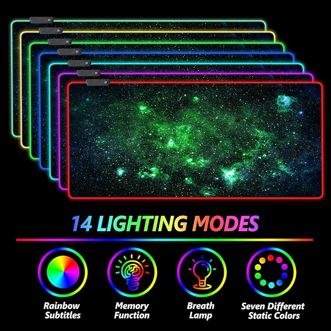 AIMSA RGB Gaming Mouse Pad Extended, Large Led Mousepads Non-Slip Rubber Base with 14 Lighting Modes, Computer Keyboard Mat Soft Desk pad 35.4 x 15.8 inches, Green Star River