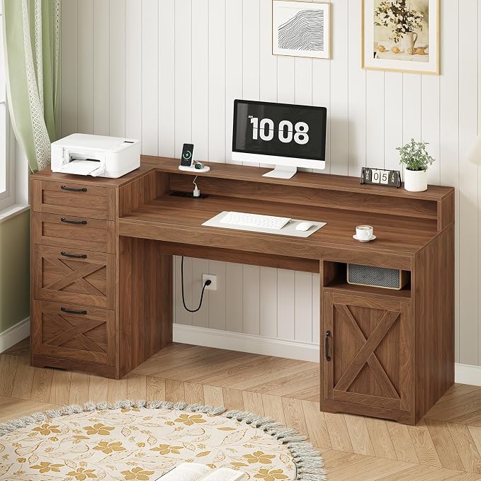 63" Farmhouse Computer Desk with 4 Drawers for Home Office, Bedroom | Executive Desk with Printer Shelf, Monitor Stand, Home Office Desks with Power Outlets, Storage Shelves, Brown