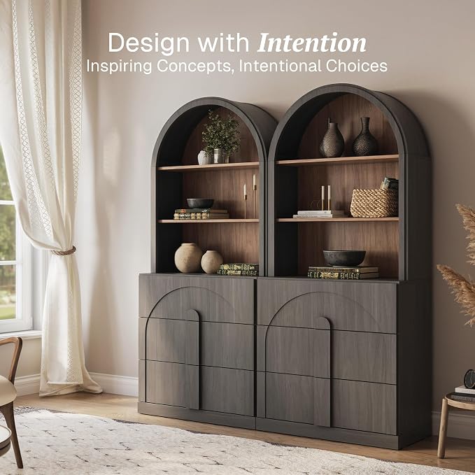 BELLEZE Arched Bookshelf with 3 Drawers Set of 2, 71" Tall Modern Wood Display Cabinet with Hutch, Modern Book Case Shelf with Storage Versatile Cupboard for Living Room Office, Ebony
