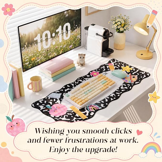 1 Pcs Composition Book Scalloped Desk Mat 31.5 x 11.8 Inch Large Cute Mouse Pad Computer Mat Non Slip Waterproof Rubber Base with Border Stitching Soft Keyboard Pad for Teacher Desk Home Office