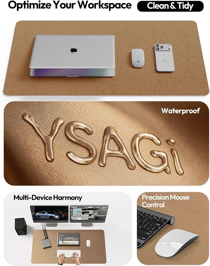 YSAGi Leather Desk Pad Protector, Office Desk Mat, Large Mouse Pad, Non-Slip PU Leather Desk Blotter, Laptop Desk Pad, Waterproof Desk Writing Pad for Office and Home (Shiny Bronze,55" x 24")