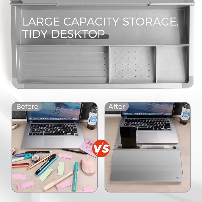 TOWON Glass Desktop Whiteboard with Storage 12x7 in, Metallic Silver | Glossy metallic mirror finish, 5 markers, eraser and holder included, dry erase surface for the office or home desk