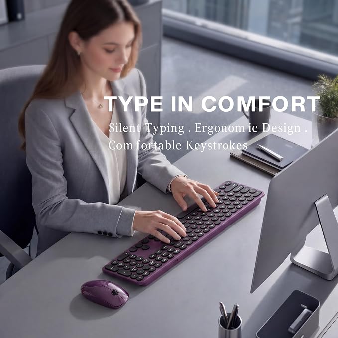 MPTOG Wireless Keyboard and Mouse Combo (Black Wine Red) | Retro Round Typewriter Keys, 2.4G Silent Connection, Ergonomic Aesthetic Desk Set for Home Office, Laptop, PC, Mac