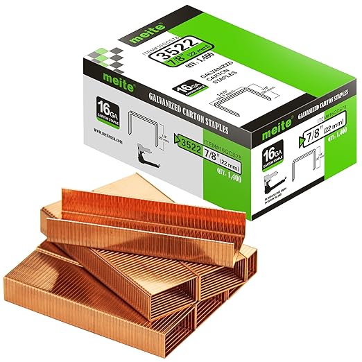 meite Carton Closing Staples 16 Gauge 1-3/8" Wide Crown Copper-Coated Box Staples for Pneumatic or Manual Staple Gun Cardboard Packaging, 7/8" Length, 14000PCS