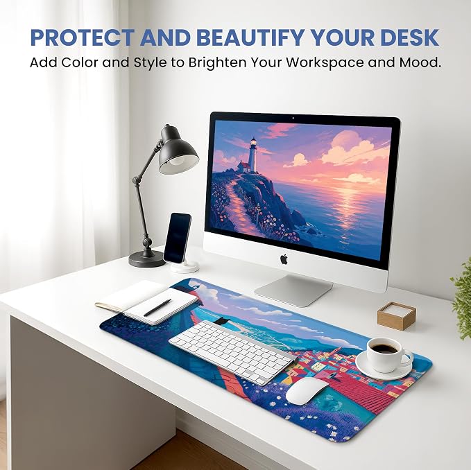 Aesthetic Desk Mat, Cute Hillside Cat Desk Pad Protector for Work & Decor, 31.5" x 11.8", Pretty Non-Slip Extended Mouse Pad for Office or Home