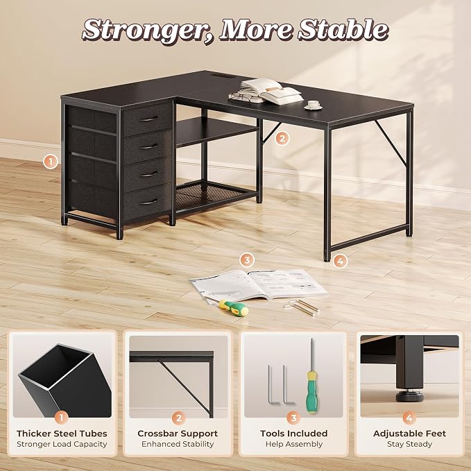 43.3" Small L Shaped Desk with Power Outlets & 4 Drawers | Reversible Computer Desk with 2 Storage Shelves, Corner Office Desk for Gaming Writing Work Study, Black
