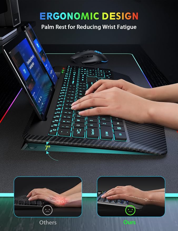 Wireless Keyboard and Mouse Combo, Backlit Scissor Keys, Wrist Rest | 7-Color Backlight, Phone Holder, Rechargeable, LED Mouse, Ergonomic Support, Quiet Typing, Win/Mac/ChromeOS, KM22 Ultra+