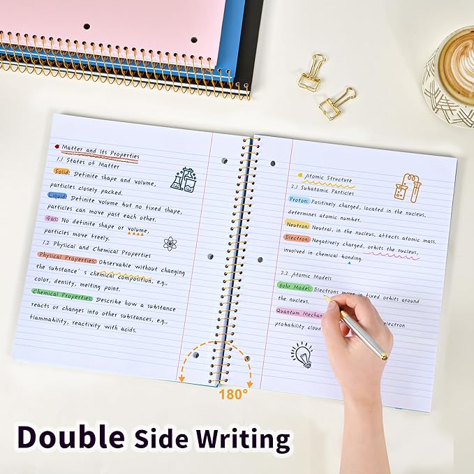 Spiral Notebook College Ruled Paper 8" x 10-1/2", 1 Subject Spiral Notebook, 3-Hole Punched Perforated Pages Ideal for School, Office, Writing, 95 Sheets Lined Journaling Notebook, Blue