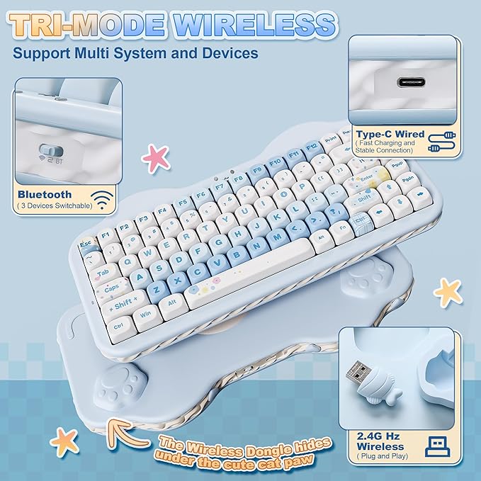 YUNZII C75 Wireless Mechanical Keyboard,75% Layout, Hot-Swappable NKRO,BT5.0/2.4G/USB-C Mode,Dye-Sub PBT MOA Keycaps,RGB Gasket Mount,Cute Cake Design for Mac/Win/Gaming (Blue, Milk V2 Switch)