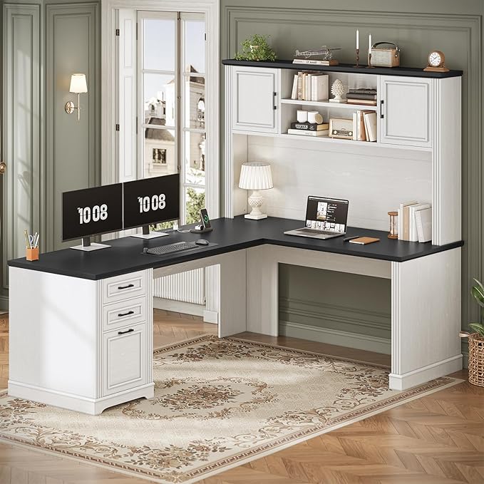 SEDETA Farmhouse L Shaped Desk with Hutch and 3 Drawers, 68.9" Executive Office Desk with File Drawer and Power Outlet, Corner Computer Desk with Storage Shelves for Home Office, White