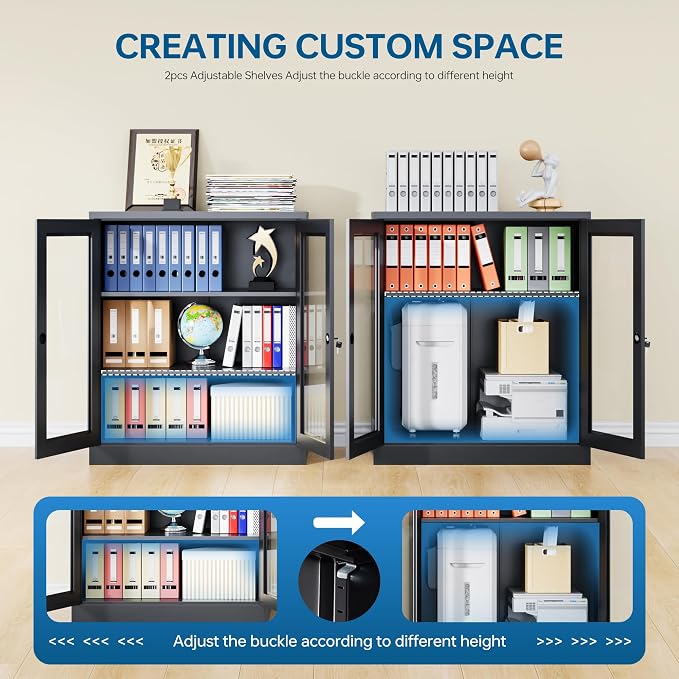 PEUKC Storage Cabinet with 2 Adjustable Shelves, 35.4 Inches Metal Curio Display Cabinet with 2 Acrylic Doors, Locking Glass Display Case for Home, Office, Pantry, Assemble Required (Black)