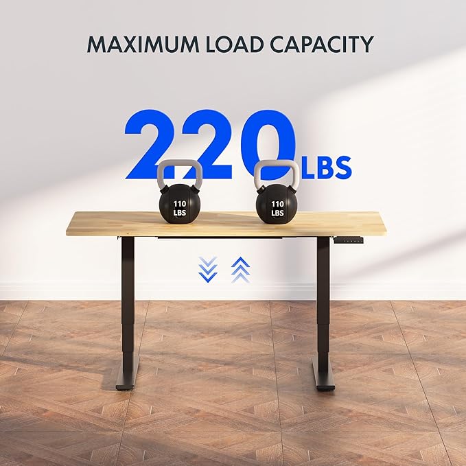 FlexiSpot E6 Solid Wood 3-Stage Dual Motor 55 x 24 Electric Standing Desk, Holds 220 lbs, Adjustable Height w/ Memory Presets, Butcher Block Rubberwood Desktop & Black Frame, Ships in 2 Boxes