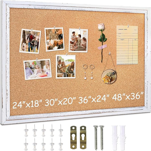 DOLLAR BOSS White Cork Board, 30" X 20" Rustic Framed Bulletin Board | Decorative Pin Board, Wall Hanging, For Office & Home Decor Memo Display, With Pins