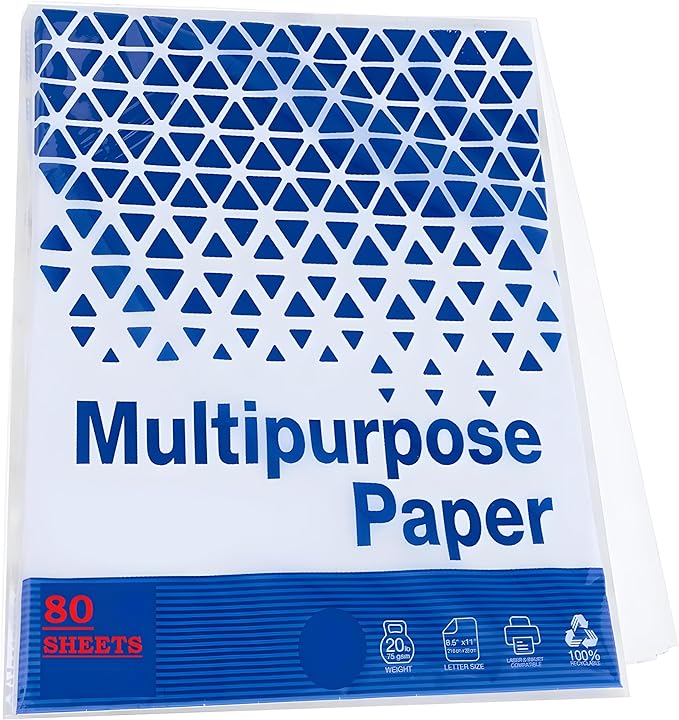 80 Sheets 8.5" x 11" White Multipurpose Paper, 20 LB (75 gsm) – Copy, Fax & Laser Compatible – Everyday Office, School & Printing Use