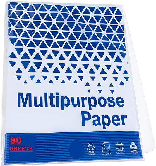 80 Sheets 8.5" x 11" White Multipurpose Paper, 20 LB (75 gsm) – Copy, Fax & Laser Compatible – Everyday Office, School & Printing Use