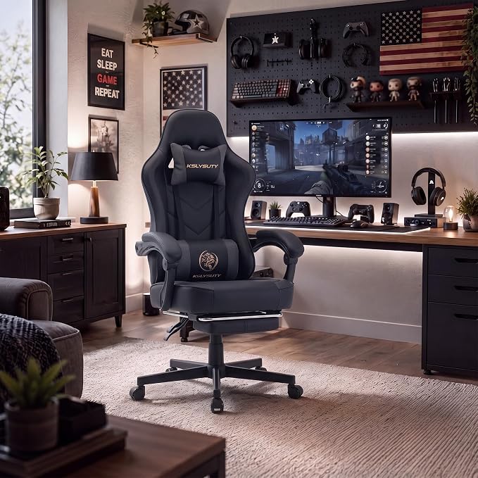 Desk Computer Gaming Chair - High Back Ergonomic Office Chair with Footrest and Lumbar Support, Swivel Comfy Home Gamer Video Game Chairs with Pocket Spring Cushion for Adults (Grey Leather)