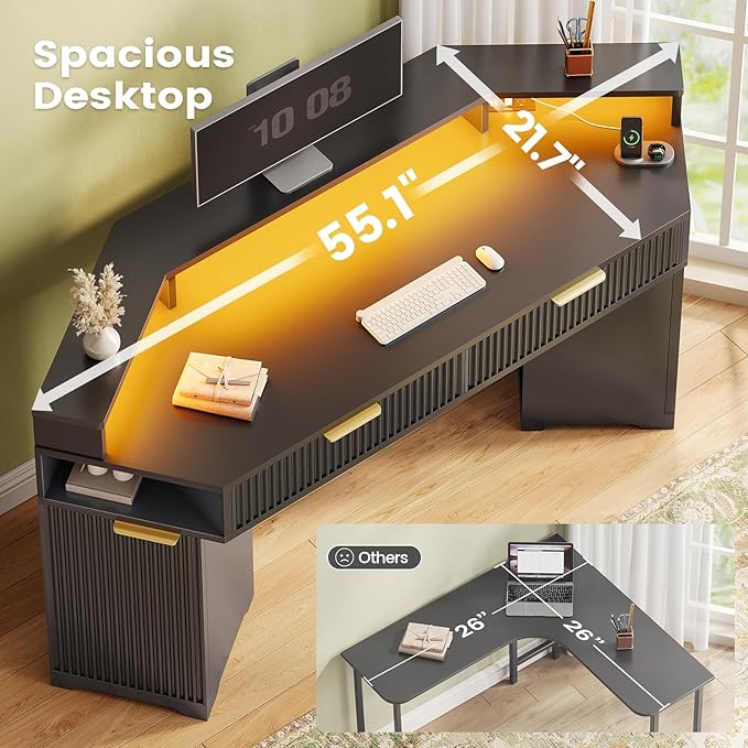 SEDETA Computer Desk with 2 Drawers, Small Diamond Office Desk with Storage Cabinet for Small Space, Gaming Desk with LED Lights & Power Strip for Home Office, Black
