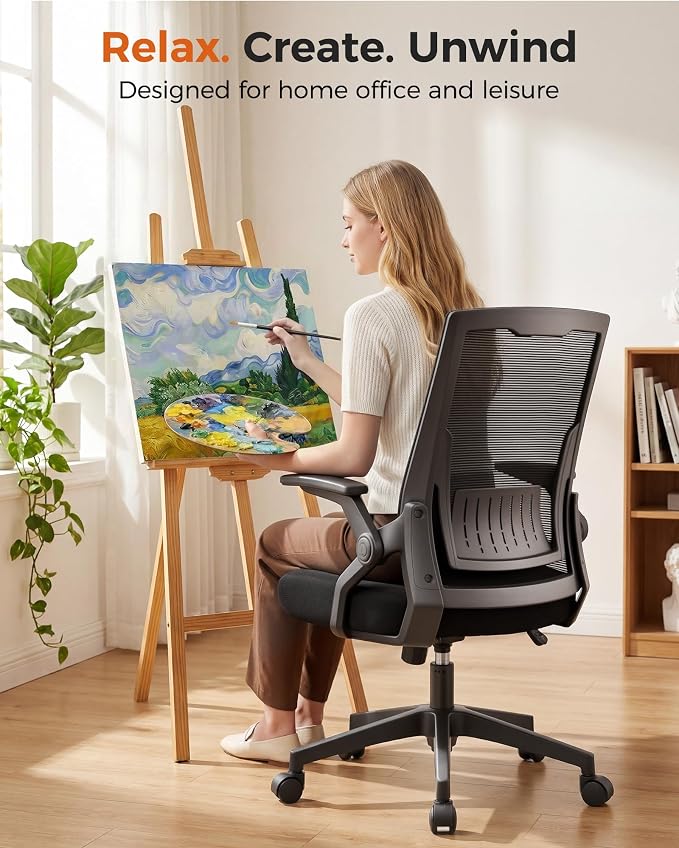 GTPLAYER Ergonomic Office Chair with Flip-up Armrests Executive Computer Chair for Home Office, Breathable Mesh & Comfy Lumbar Support, Black
