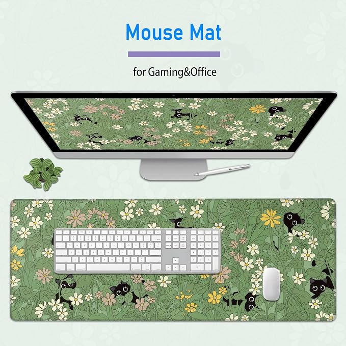 Green Wild Grass Flower Desk Mat,Black Cat Large Mouse Pad,31.5x12in | Cute Kitty Extended Gaming Keyboard Mat,XL Kawaii Anime Plant Mousepad with Non-Slip Base and Stitched Edge,80 x 30 cm