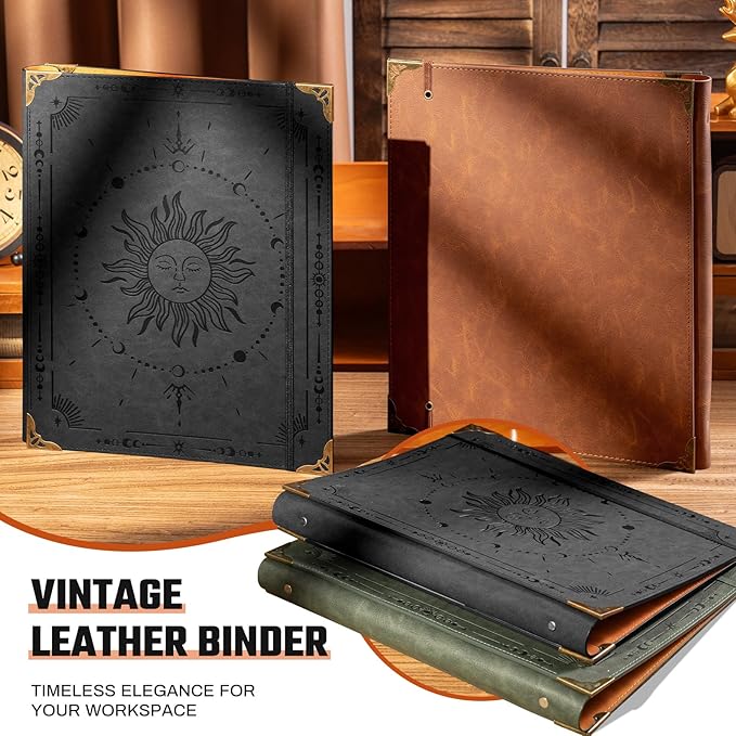 PU Leather 3 Ring Binder 1 Inch Round Ring Binder Holds 200 Sheets 8.5"x11" Letter Size Paper, Wedding Family History Notebook Cover Loose Leaf Organizer, Black