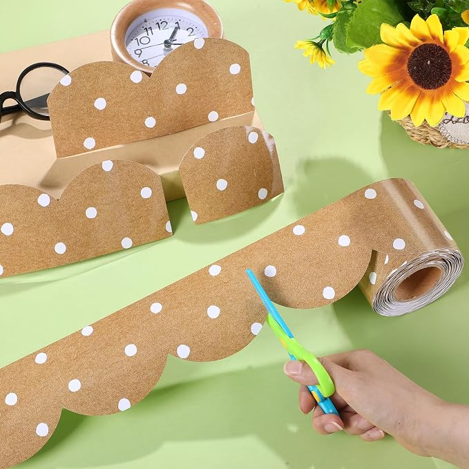 Zonon 65.6 Feet Kraft Dots Bulletin Board Border Farmhouse Scalloped Brown White Dot Border for Bulletin Board Trim Roll Classroom Decorations for Back to School Classroom Chalkboard Office Wall Decor