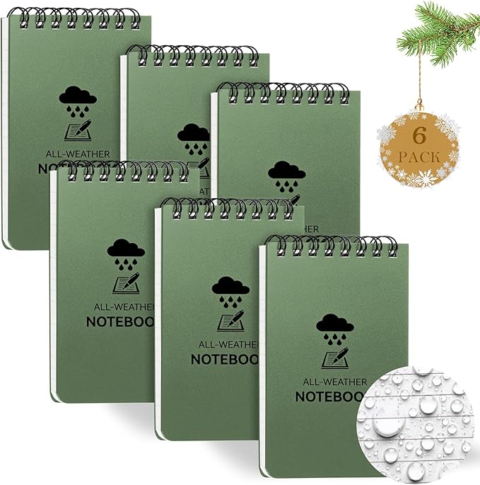 6 Pack Waterproof Notebook, 3 x 5 Pocket Notepad, Top-Spiral Weatherproof NotePad, All Weather Police Pocket Notebook Little Memo Steno Note Pads for Outdoor Office School Recording, Army Green