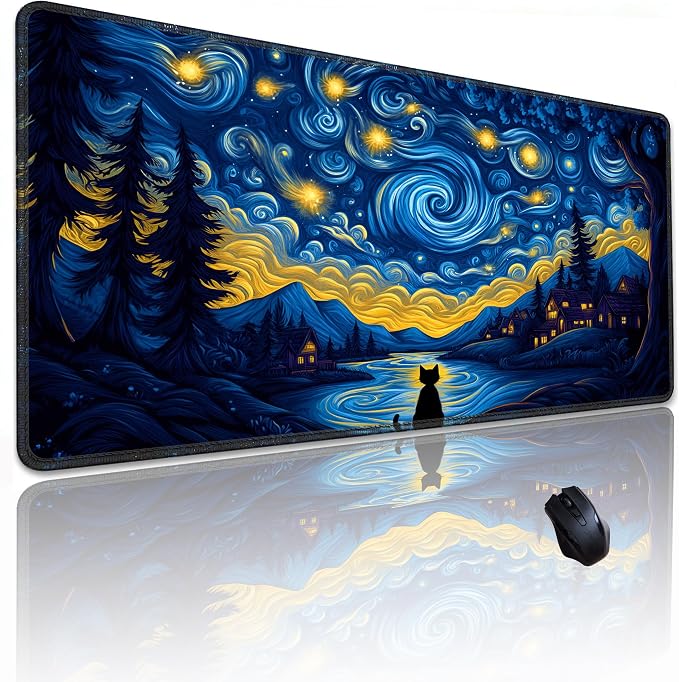 Van Gogh Cat Mouse Pad, Large Gaming Starry Night Desk Mat | 31.5x11.8in, Micro-Woven Cloth Surface, Non-Slip Rubber Base, Machine Washable, For Office & Home